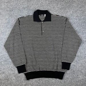 VTG Hugo Boss Sweater Mens XL Black Gray 100% Wool Geometric Polo Made in Italy